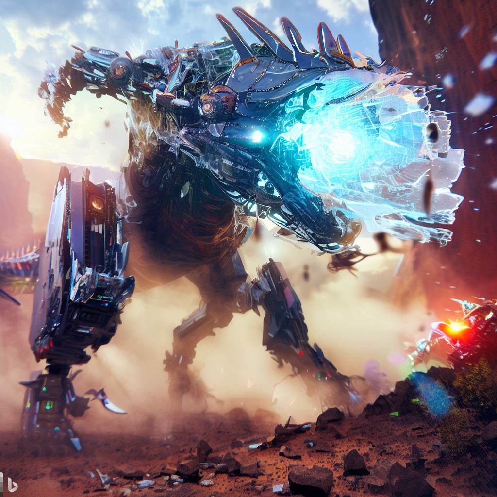 futuristic dinosaur mech with shattered glass body and glowing eyes being hunted while fighting in canyon, detailed smoke and clouds, lens flare, fish-eye lens, realistic h.r. giger style 4.jpg